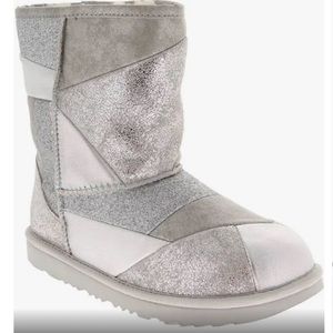 NEW IN BOX! UGG Classic Short II Silver Patchwork Boot, Size 10 Kids